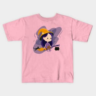 Kawaii Witch Flying in the moonlight With Her Black Cat and Cauldron Kids T-Shirt